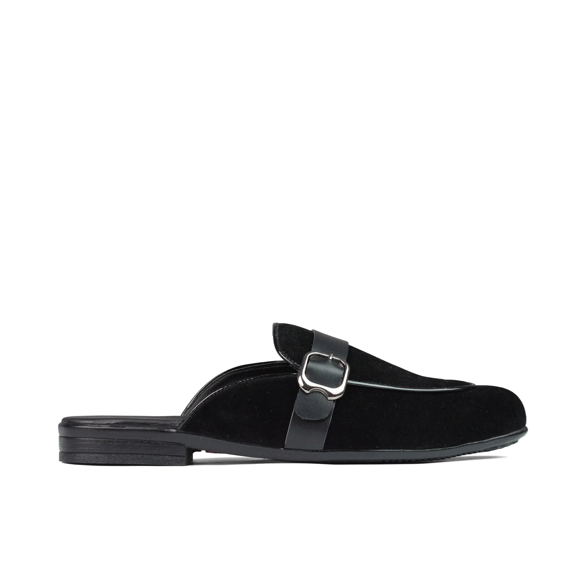 Black Suede Buckle Mule