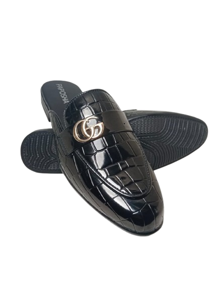 Black Croc Textured GG-Mule